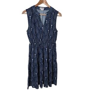Top It Off Navy Blue Geometric Print Sleeveless V Neck Elastic Waist Dress Small